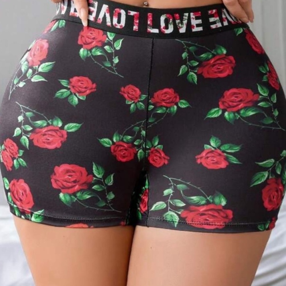 Rose socks w Black boyshorts with Red Rose Print and 'LOVE' Waistband